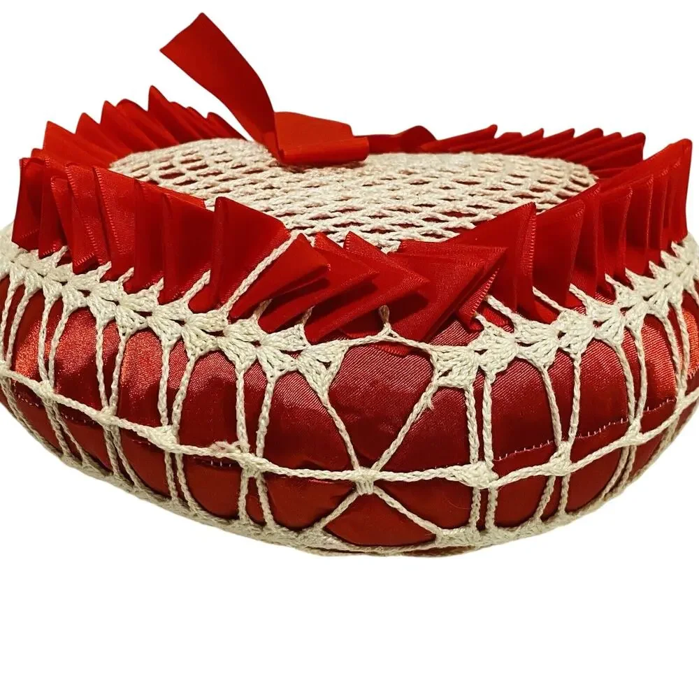 Vintage Heart Shaped Toss Pillow Red Satin Ribbons & White Crochet Caged Romance